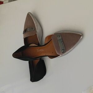 Arturo Chiang d'Orsay Flats Pointed Toe Black Suede Nubuck Lower Metallic Accent